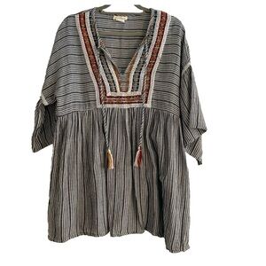 Sweet Magnolia Embroidered Boho Cottagecore Striped Peasant Shirt Sz L